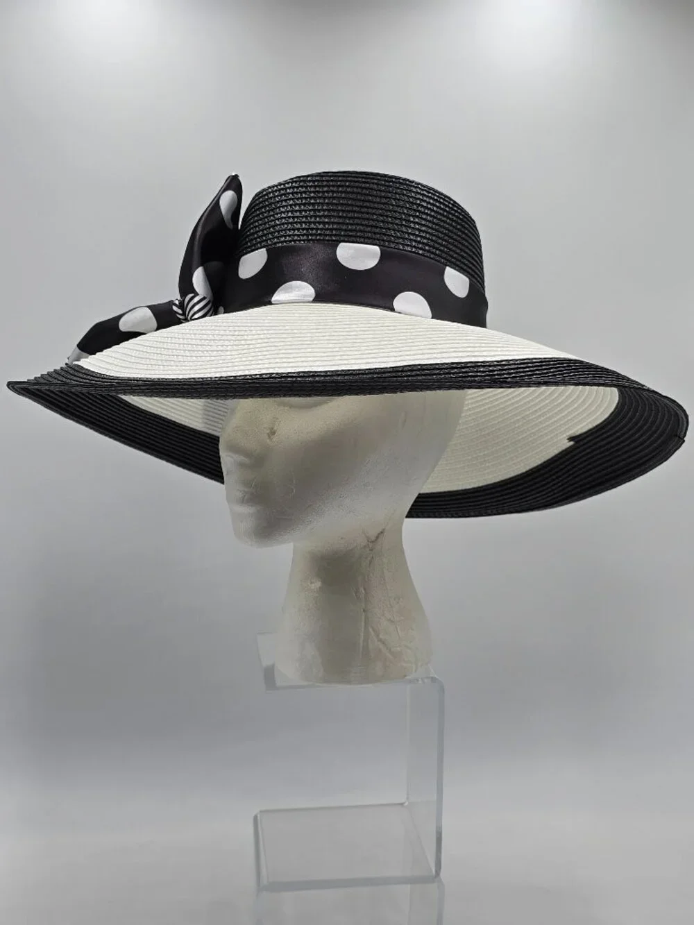 August Hat Company B&W Wide Brim Hat with Polka-Dot & Striped Accent Bow